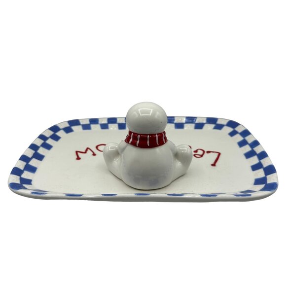 Christmas Snowman Serving Dish Plate Ceramic Pottery Let It Snow Blue White - Picture 9 of 11